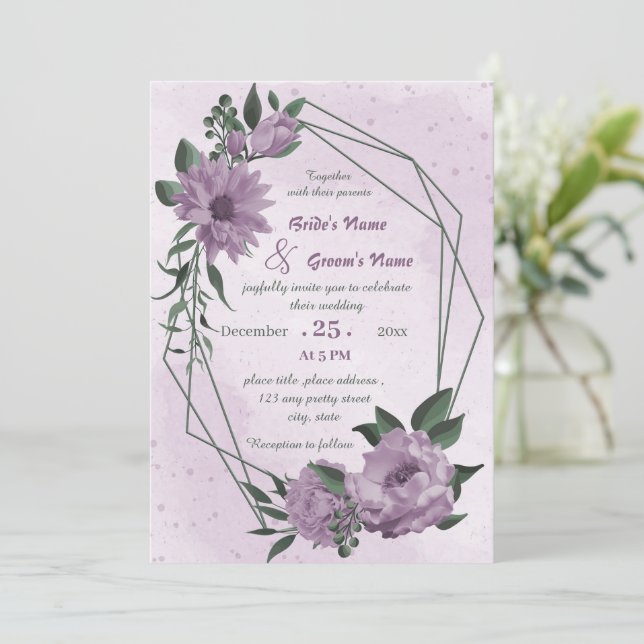 purple flowers geometric wedding  invitation (Standing Front)