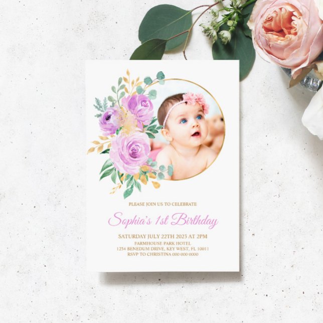Purple Flowers & Gold Baby’s First Birthday  Invitation (Creator Uploaded)