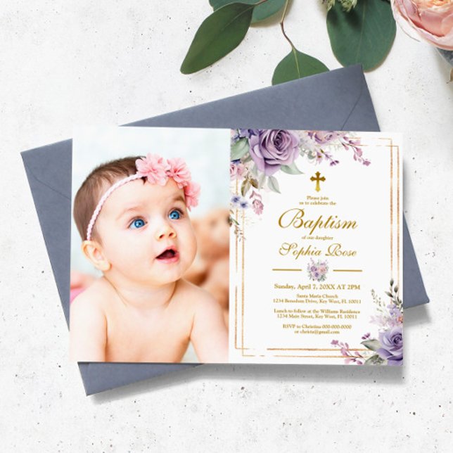 Purple Flowers & Gold Frame Photo Girl Baptism Invitation (Creator Uploaded)