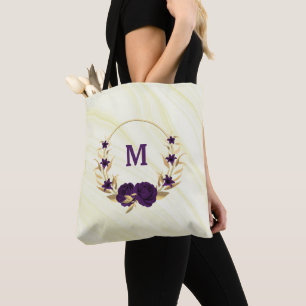 purple flowers gold leaves marble tote bag