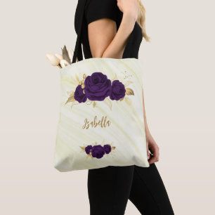 purple flowers gold leaves marble tote bag