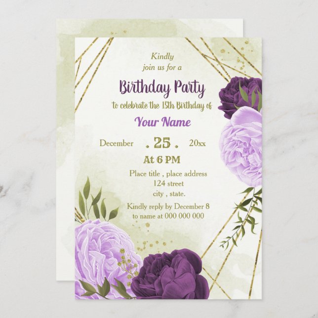 purple flowers green leaves birthday invitation (Front/Back)