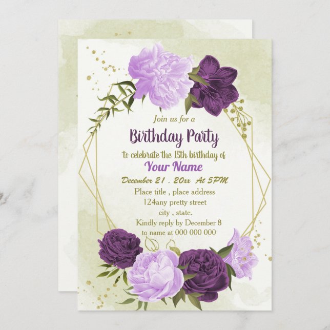 purple flowers green leaves birthday invitation (Front/Back)