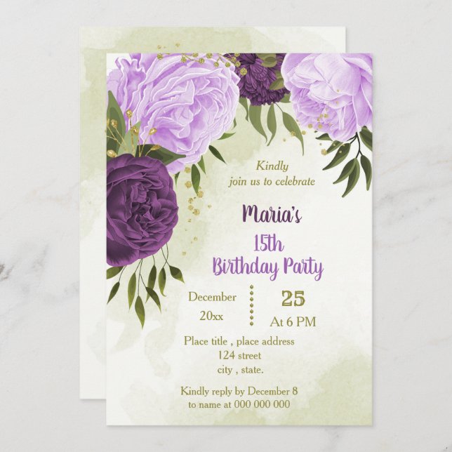 purple flowers green leaves birthday invitation (Front/Back)