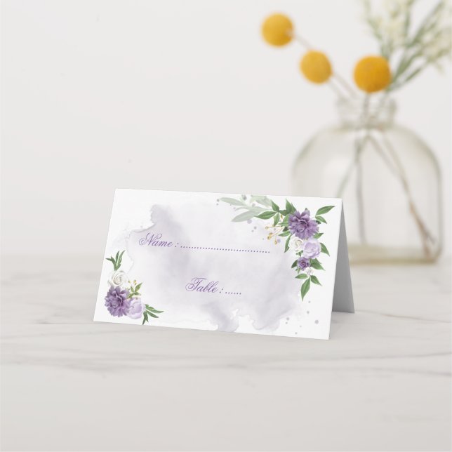 purple flowers green leaves botanical  place card (Front)