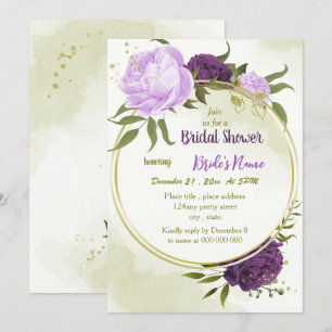purple flowers green leaves bridal shower invitation