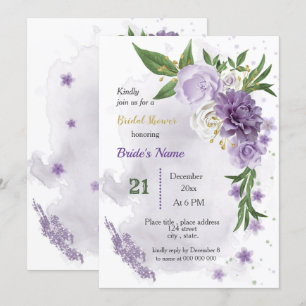 purple flowers & green leaves bridal shower invitation