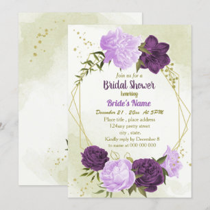 purple flowers green leaves bridal shower invitation