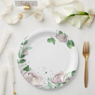 purple flowers green leaves butterflies  paper plate