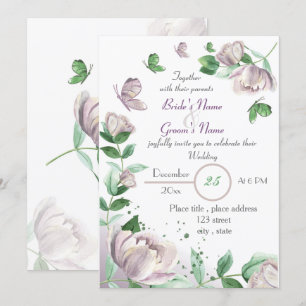 purple flowers green leaves butterflies wedding  invitation