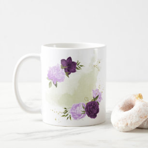 purple flowers green leaves coffee mug
