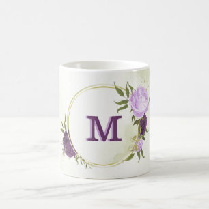 purple flowers green leaves coffee mug