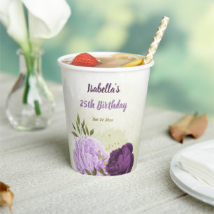 purple flowers green leaves paper cups