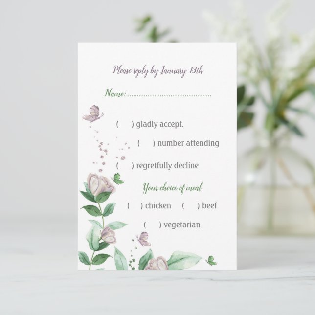 purple flowers green leaves RSVP card (Standing Front)