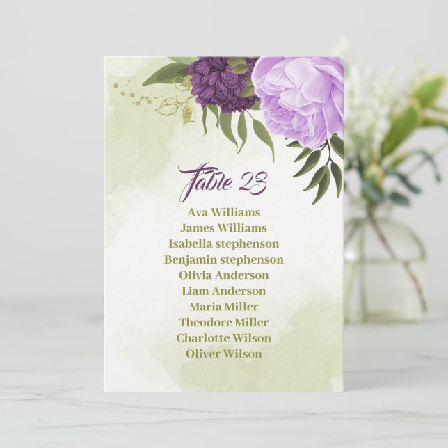 purple flowers green leaves seating chart card (Standing Front)