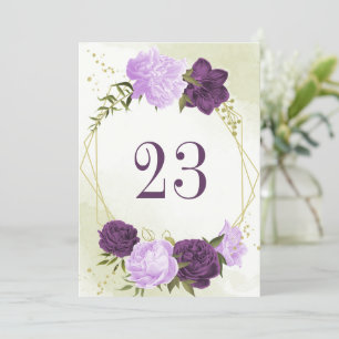 purple flowers green leaves table number card