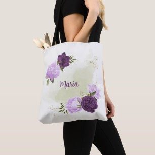 purple flowers green leaves  tote bag