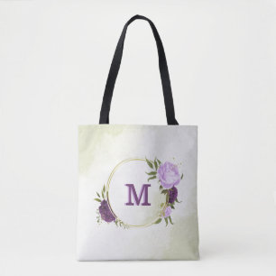 purple flowers green leaves tote bag