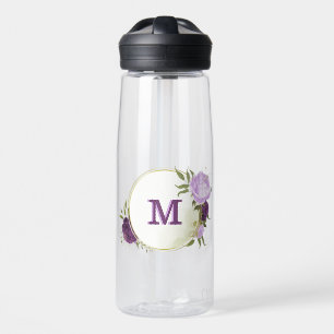 purple flowers green leaves water bottle