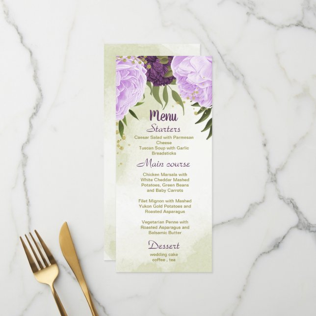 purple flowers green leaves wedding menu (Front/Back In Situ)