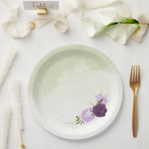 purple flowers green leaves wedding paper plate