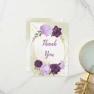 purple flowers green leaves wedding thank you card