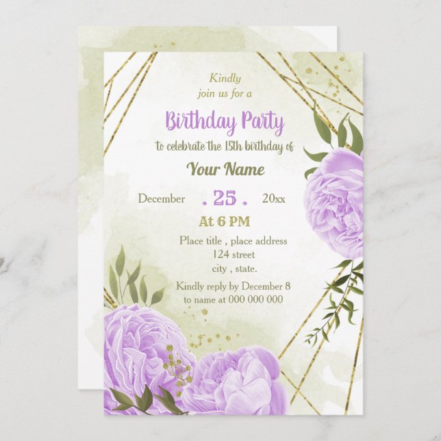 purple flowers greenery birthday party invitation (Front/Back)