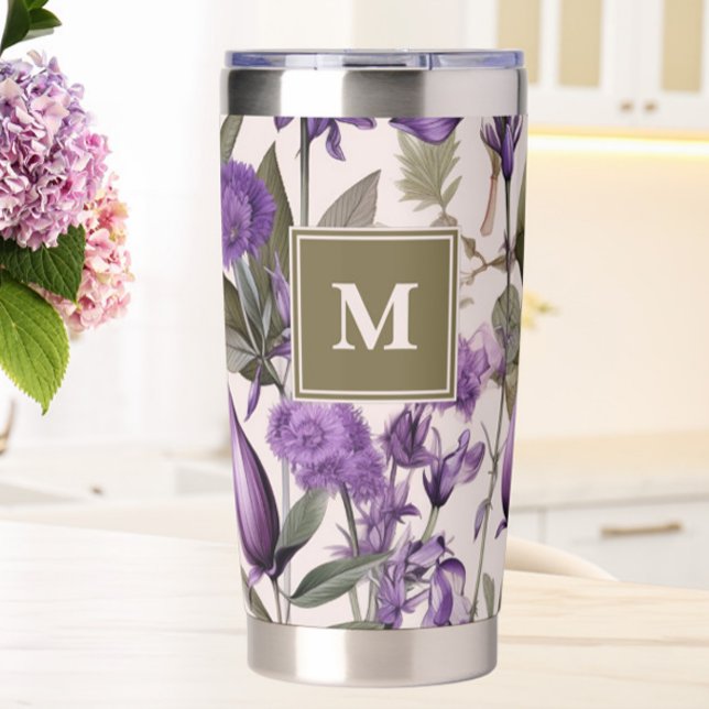 Purple Flowers Greenery Botanical Monogram Insulated Tumbler (Purple floral and greenery thermal mug)