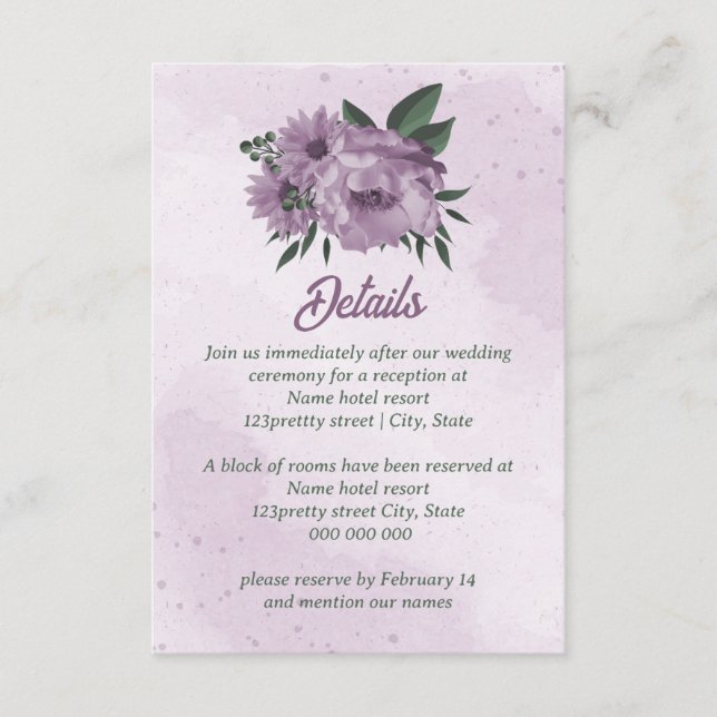 purple flowers greenery botanical wedding enclosure card (Front)