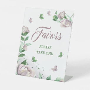 purple flowers greenery butterflies tabletop pedestal sign