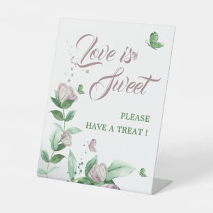 purple flowers greenery butterflies tabletop pedestal sign
