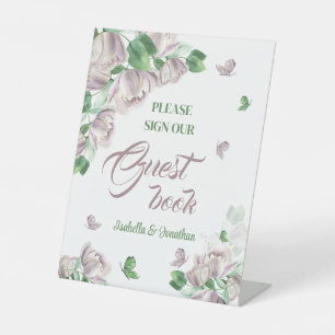 purple flowers greenery butterflies tabletop pedestal sign