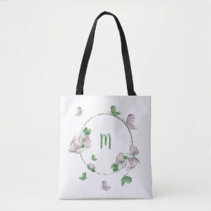 purple flowers greenery butterflies tote bag