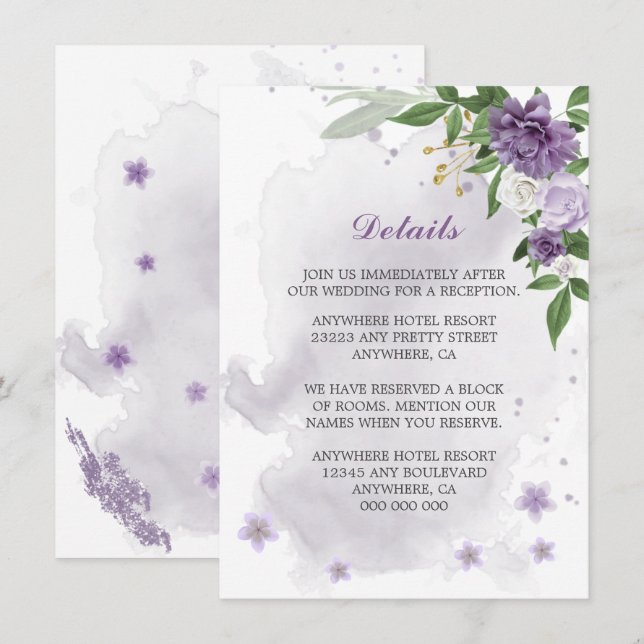 purple flowers greenery details enclosure card (Front/Back)