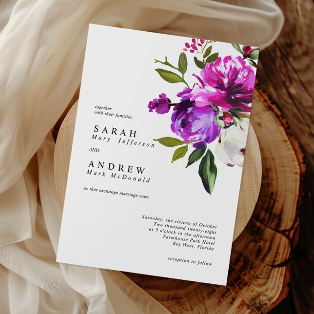 Purple Flowers & Greenery Leaves Modern Wedding Invitation (Creator Uploaded)