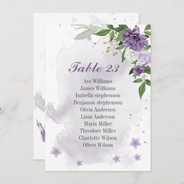 purple flowers greenery seating chart card (Front/Back)