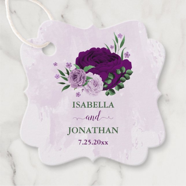 Purple flowers greenery wedding favour tags (Front)
