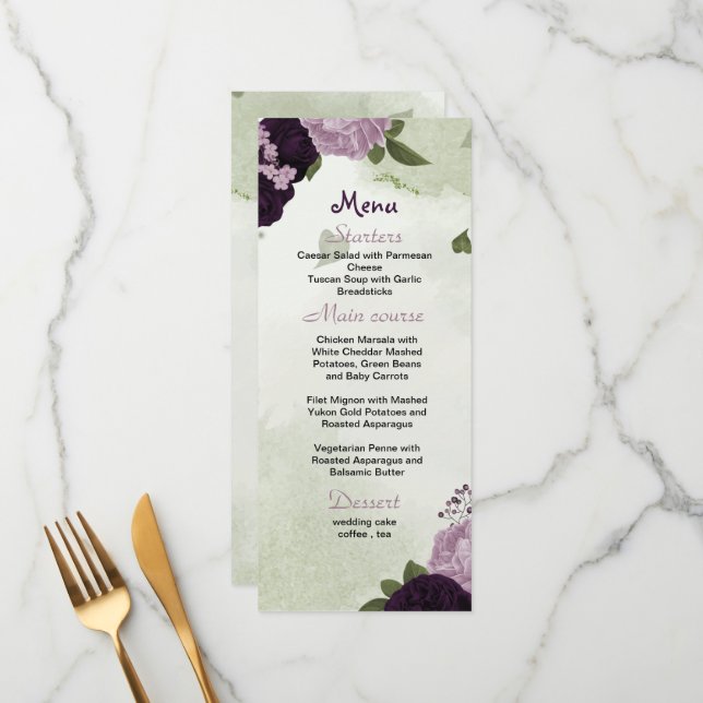 purple flowers greenery wedding menu (Front/Back In Situ)