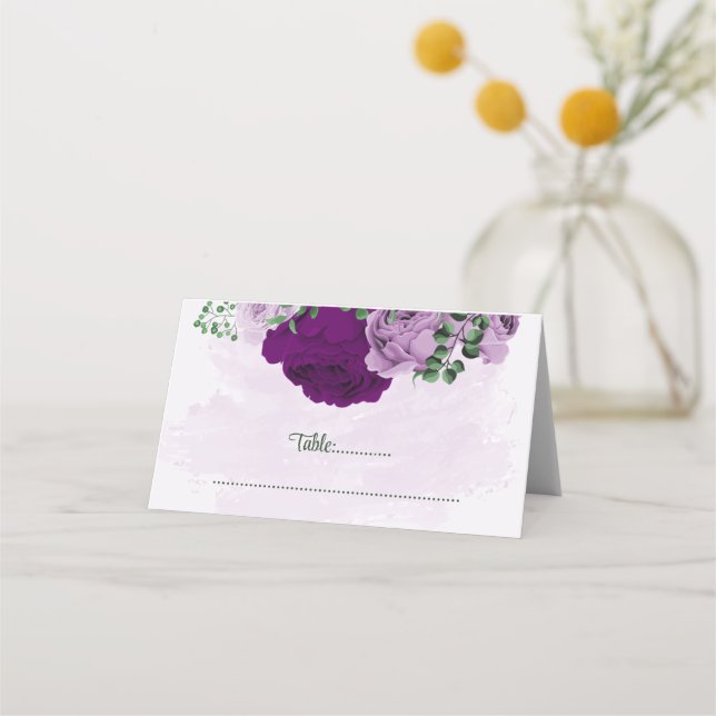 Purple flowers greenery wedding place card (Front)