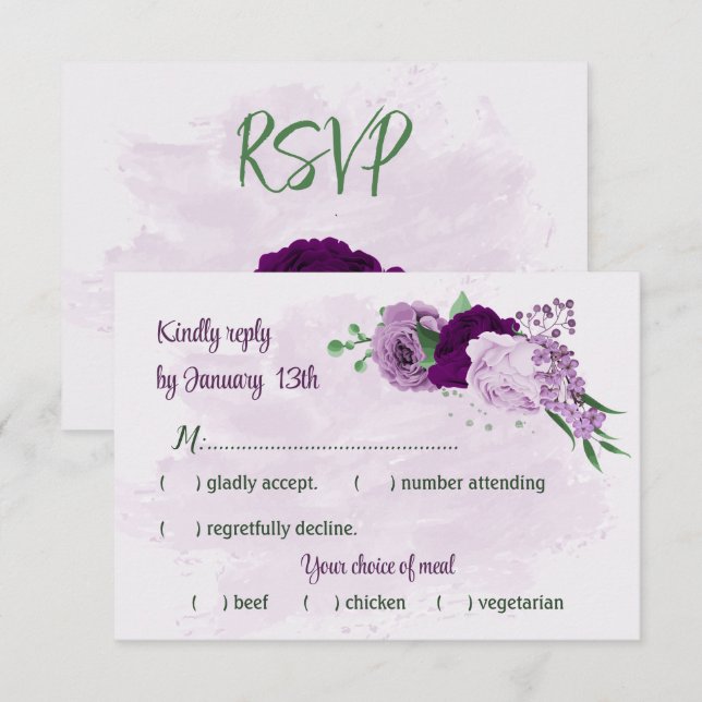 Purple flowers greenery wedding RSVP card (Front/Back)