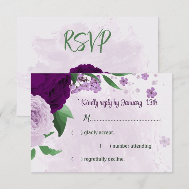 Purple flowers greenery wedding RSVP card (Front/Back)
