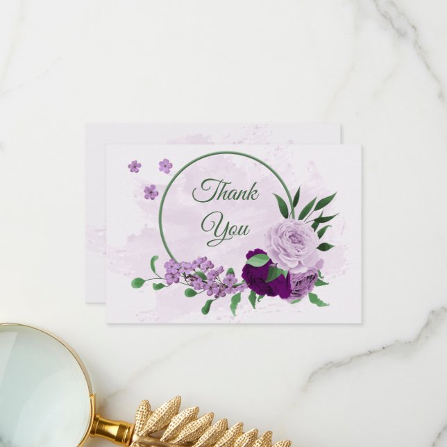 Purple flowers greenery wedding thank you card (Front/Back In Situ)