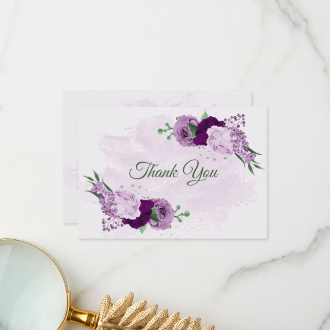 Purple flowers greenery wedding thank you card (Front/Back In Situ)
