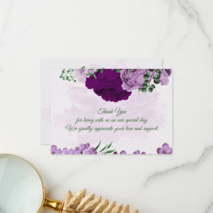 Purple flowers greenery wedding thank you card