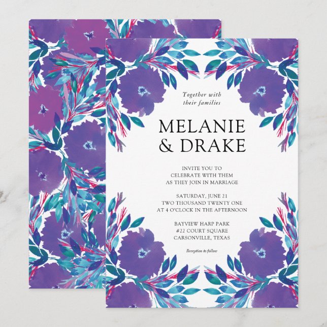 Purple Flowers Handpainted Wedding Invitation (Front/Back)