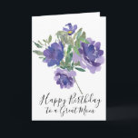 Purple Flowers Happy Birthday Card for Mother<br><div class="desc">Gorgeous purple watercolor flowers bring your birthday wishes for your mum. The purple flowers have both light and dark purple petals and look beautiful against the green leaves. Happy birthday to a great mum is written below in a modern script text. Feel free to change the greeting.</div>