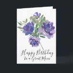 Purple Flowers Happy Birthday Card for Mother<br><div class="desc">Gorgeous purple watercolor flowers bring your birthday wishes for your mum. The purple flowers have both light and dark purple petals and look beautiful against the green leaves. Happy birthday to a great mum is written below in a modern script text. Feel free to change the greeting.</div>
