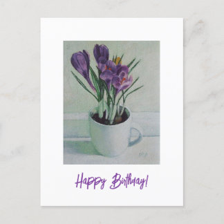 Purple flowers in a cup painting birthday art card
