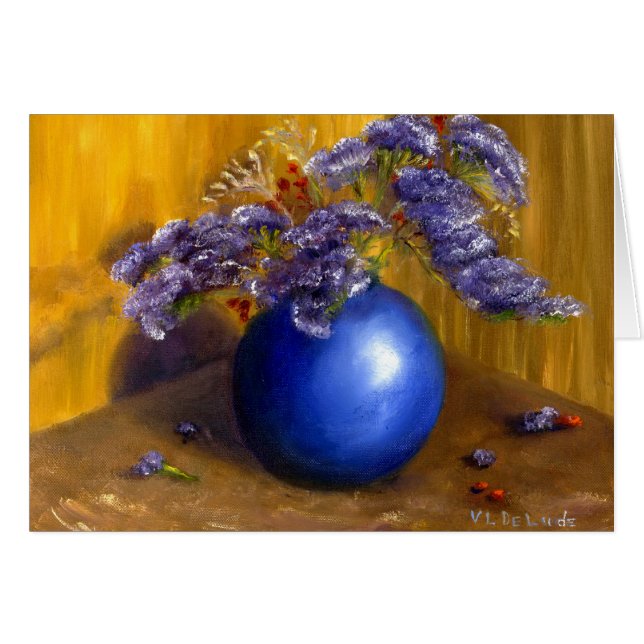 Purple flowers in Blue Vase and Gold Background (Front Horizontal)