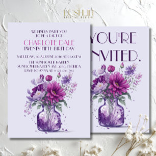 Purple flowers in vase Floral watercolor Birthday Invitation